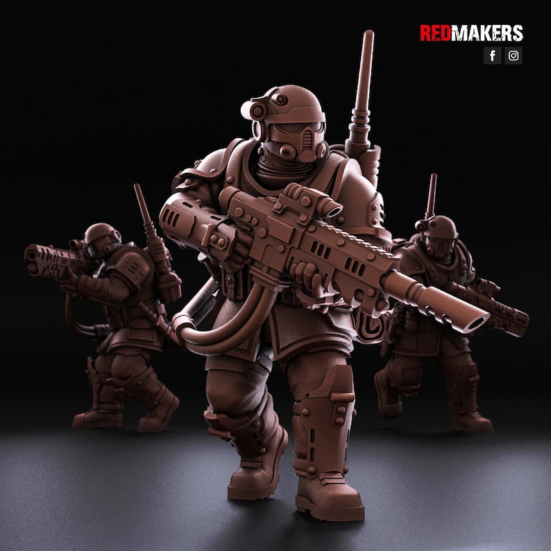 May include: Three futuristic soldiers in brown plastic, each holding a rifle with a scope. The soldier in the center is facing forward, while the other two are facing slightly to the side. The soldier in the center has a radio antenna on their back.