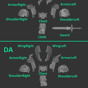 Könnte beinhalten: Eine Diagramm mit Miniatur-Rüstungsteilen, darunter Schulterpolster, Brustplatten und Flügel, mit Beschriftungen. Die grauen Teile sind für eine Miniaturfigur bestimmt. Ein Schwert und ein Tuch sind ebenfalls abgebildet.
