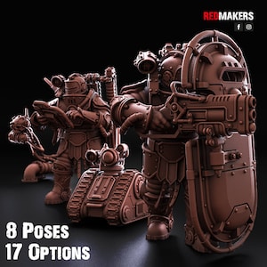 Puede incluir: Tres figuras en miniatura de robots steampunk impresas en 3D, una sosteniendo una pistola y un escudo, otra sosteniendo un dispositivo y otra un peque&ntilde;o robot. Las figuras son marrones y tienen un acabado met&aacute;lico. El texto "8 POSES 17 OPTIONS" est&aacute; en la parte inferior de la imagen.