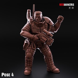 May include: A brown plastic miniature figure of a soldier wearing futuristic armour and holding a gun. The figure is posed in a dynamic action stance with one leg raised and the other leg planted firmly on the ground. The figure is wearing a helmet and has a determined expression on its face. The figure is labelled "POSE 4".