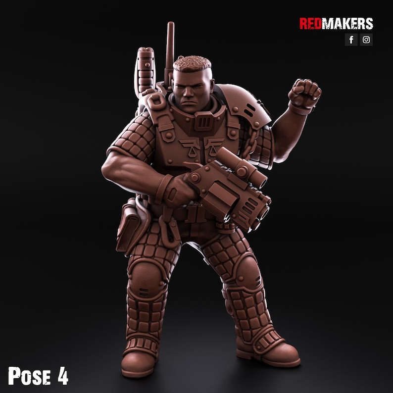 May include: A brown plastic miniature figure of a soldier wearing futuristic armour and holding a gun. The figure is posed in a dynamic action stance with one leg raised and the other leg planted firmly on the ground. The figure is wearing a helmet and has a determined expression on its face. The figure is labelled "POSE 4".