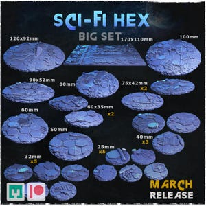 May include: A collection of blue sci-fi themed terrain pieces in various sizes, including 120x92mm, 100mm, and 90x52mm. The set includes a large rectangular piece and several hexagonal and circular shapes. The text "SCI-FI HEX" and "BIG SET" are visible.