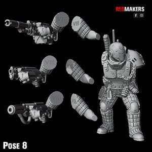 May include: A grey plastic miniature figure of a space marine in a combat pose. The figure is holding a weapon and has a helmet with a visor. The figure is standing on a black background. The figure is labelled "Pose 8".