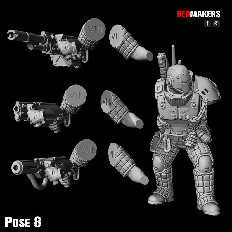 May include: A grey plastic miniature figure of a space marine in a combat pose. The figure is holding a weapon and has a helmet with a visor. The figure is standing on a black background. The figure is labelled "Pose 8".