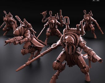 Puede incluir: Cinco figuras robóticas marrones con diseños mecánicos detallados, incluyendo armas y mochilas, posan sobre un fondo oscuro. Las figuras tienen una estética futurista e industrial, con el logo de Redmakers en la esquina superior derecha.