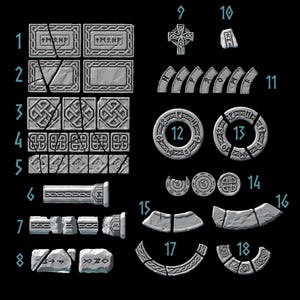 Könnte beinhalten: Eine Sammlung grauer Steinspielsteine, darunter Fliesen mit Runen, keltischen Knoten und einem Kreuz. Die Teile sind für ein Tabletop-Spiel konzipiert, mit verschiedenen Formen und Größen zum Bauen von Strukturen.