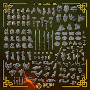 Op de afbeelding: Een verzameling miniatuurbeeldjes en accessoires, waaronder helmen, wapens, schilden en pantseronderdelen. De stukken zijn in verschillende vormen en maten, met ingewikkelde details. De tekst "ANVIL WARDENS" staat bovenaan en het logo "GREYTIDE STUDIO" onderaan.