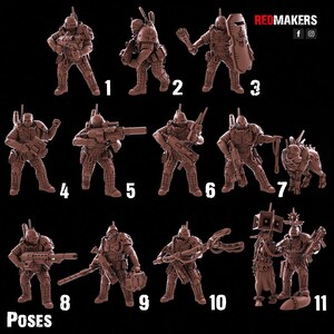 May include: A set of 11 brown plastic miniature figures in various poses, holding weapons and accessories. The figures are numbered 1 through 11. The text "REDMAKERS" is visible in the top right corner of the image. The text "POSES" is visible in the bottom left corner of the image.
