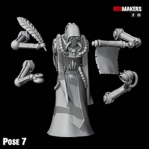 May include: A 3D printed miniature of a figure in a hooded robe and gas mask, holding a scroll and a quill. The figure is posed in a dramatic stance, with one arm raised and the other extended. The miniature is part of a set of 3D printed figures.
