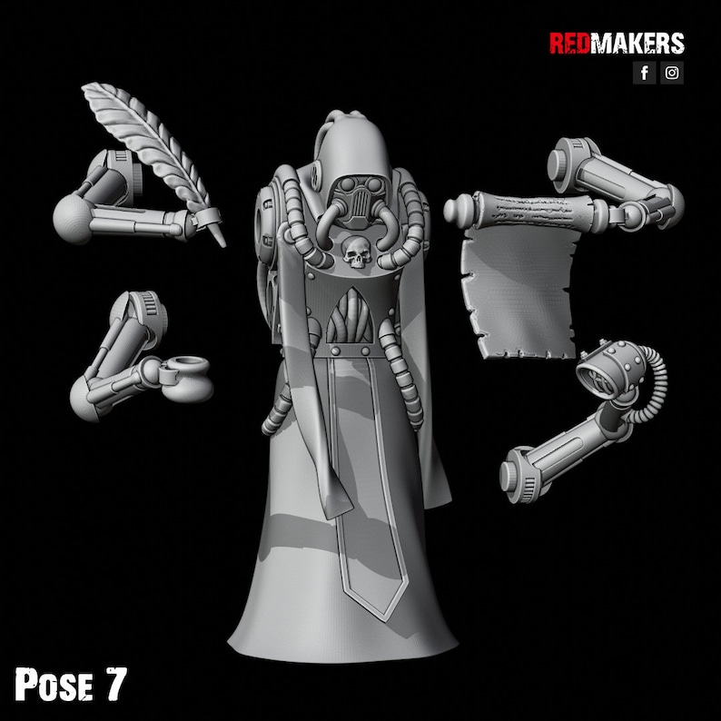 May include: A 3D printed miniature of a figure in a hooded robe and gas mask, holding a scroll and a quill. The figure is posed in a dramatic stance, with one arm raised and the other extended. The miniature is part of a set of 3D printed figures.