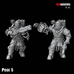 Puede incluir: Dos figuras en miniatura grises y detalladas de robots en diferentes poses. El robot de la izquierda sostiene un arma y el robot de la derecha sostiene una herramienta. Las figuras est&aacute;n etiquetadas como "POSE 5".