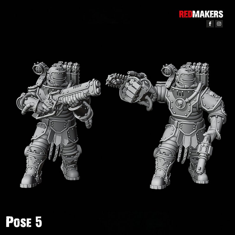 Puede incluir: Dos figuras en miniatura grises y detalladas de robots en diferentes poses. El robot de la izquierda sostiene un arma y el robot de la derecha sostiene una herramienta. Las figuras est&aacute;n etiquetadas como "POSE 5".