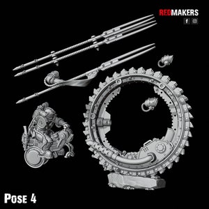 May include: A 3D printed miniature of a robot with a large circular saw, a weapon, and a banner. The robot is sitting in a chair with a large wheel. The miniature is gray and has a detailed design. The miniature is labeled "POSE 4".
