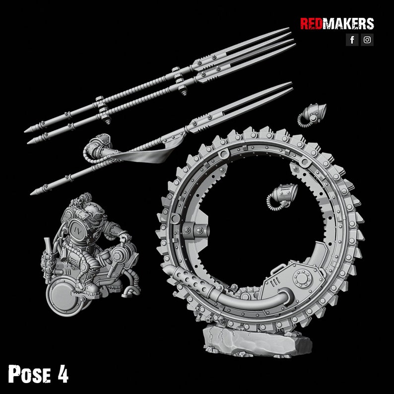 May include: A 3D printed miniature of a robot with a large circular saw, a weapon, and a banner. The robot is sitting in a chair with a large wheel. The miniature is gray and has a detailed design. The miniature is labeled "POSE 4".