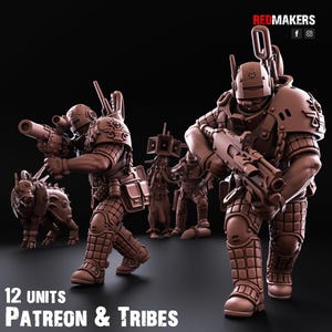 May include: A set of 12 detailed, brown plastic miniatures of futuristic soldiers, each with unique weapons and armour. The miniatures are part of the "PATREON & TRIBES" collection.