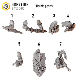Peut inclure: Une collection de figurines miniatures dans diverses poses héroïques. L'image comprend des bras tenant une épée, une arme et un bouclier. Le texte "Heroic poses" est affiché au-dessus des figurines, avec le logo "GREYTIDE STUDIO" en haut à gauche.
