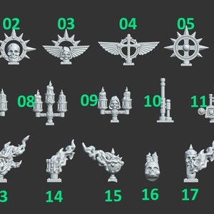 Puede incluir: Un conjunto de 18 modelos en miniatura impresos en 3D, con varios diseños, incluyendo cráneos, alas y velas. Los modelos están numerados del 01 al 18.