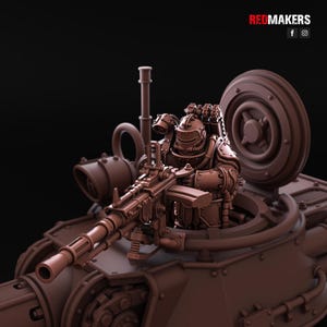 Könnte beinhalten: Ein detailliertes 3D-gedrucktes Modell eines futuristischen Panzers mit einem Soldaten in Helm und Rüstung, der ein Maschinengewehr hält. Der Panzer ist braun und hat eine große runde Luke oben.