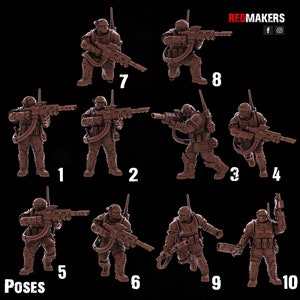May include: Ten different poses of a miniature plastic figure of a soldier wearing futuristic armor and holding a rifle. The figure is painted in a brown color.