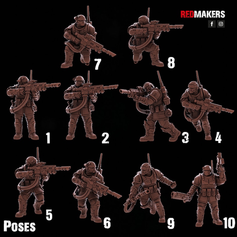 May include: Ten different poses of a miniature plastic figure of a soldier wearing futuristic armor and holding a rifle. The figure is painted in a brown color.
