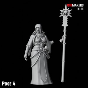 May include: A gray 3D printed miniature of a female figure wearing a hooded robe and holding a staff with a skull at the top. The figure is standing on a black background. The text "POSE 4" is visible in the lower left corner of the image.