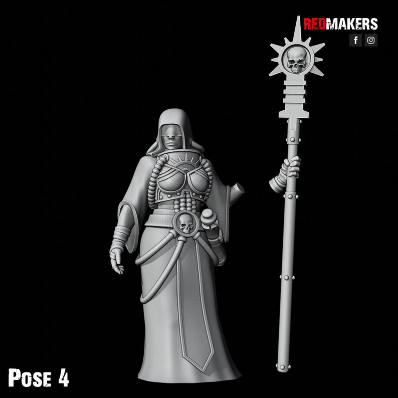 May include: A gray 3D printed miniature of a female figure wearing a hooded robe and holding a staff with a skull at the top. The figure is standing on a black background. The text "POSE 4" is visible in the lower left corner of the image.