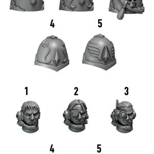 Könnte beinhalten: Ein Set mit zehn 3D-gedruckten Plastikminiaturen für Tabletop-Spiele. Die Miniaturen sind grau und haben verschiedene Designs, darunter Helme und Köpfe. Die Miniaturen sind von 1 bis 5 nummeriert.