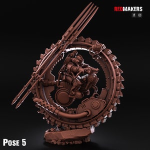 May include: A 3D printed model of a steampunk figure riding a wheel. The figure is wearing a helmet and holding a weapon. The wheel is made of gears and other mechanical parts. The model is painted in a brown color. "Pose 5" is written at the bottom of the image.