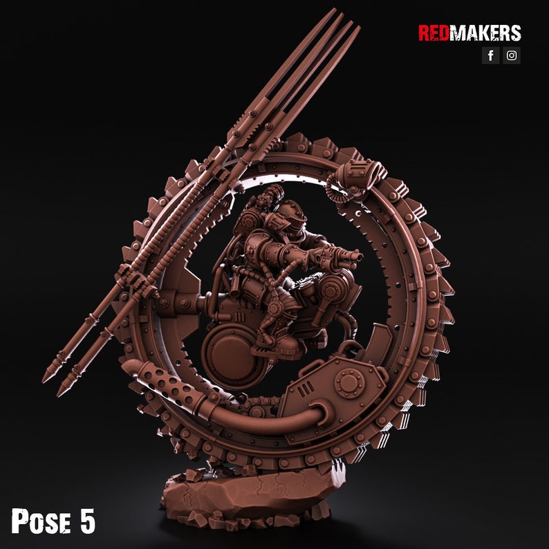 May include: A 3D printed model of a steampunk figure riding a wheel. The figure is wearing a helmet and holding a weapon. The wheel is made of gears and other mechanical parts. The model is painted in a brown color. "Pose 5" is written at the bottom of the image.