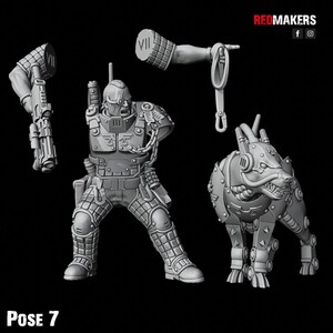 May include: A grey 3D printed miniature of a futuristic soldier with a weapon and a robotic dog. The soldier is wearing armour and has a helmet with a visor. The dog is wearing armour and has a mechanical tail. The miniature is posed in a dynamic action pose. The miniature is labelled "Pose 7".
