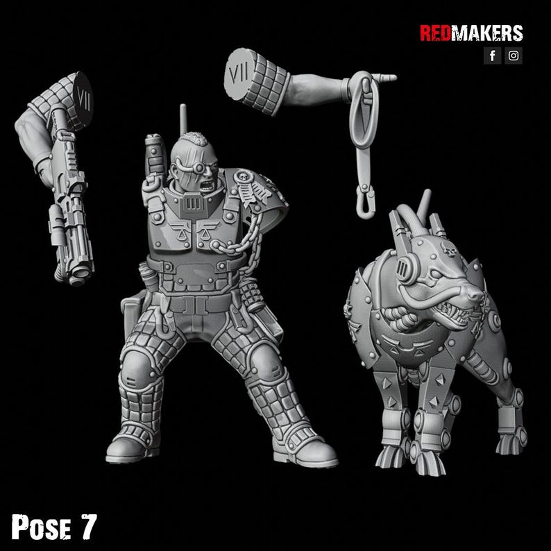 May include: A grey 3D printed miniature of a futuristic soldier with a weapon and a robotic dog. The soldier is wearing armour and has a helmet with a visor. The dog is wearing armour and has a mechanical tail. The miniature is posed in a dynamic action pose. The miniature is labelled "Pose 7".