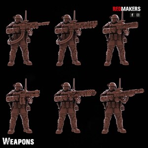 May include: Six brown plastic miniature figures of soldiers holding futuristic weapons. The figures are posed in different stances, with some aiming their weapons and others standing at attention. The figures are all wearing helmets and armor, and they are all carrying weapons. The figures are all standing on a black background. WEAPONS is written at the bottom of the image.