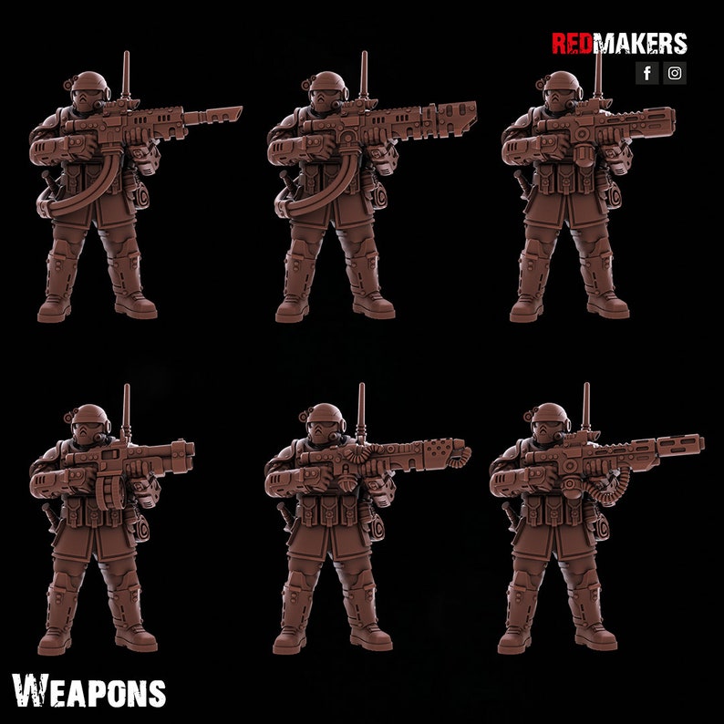 May include: Six brown plastic miniature figures of soldiers holding futuristic weapons. The figures are posed in different stances, with some aiming their weapons and others standing at attention. The figures are all wearing helmets and armor, and they are all carrying weapons. The figures are all standing on a black background. WEAPONS is written at the bottom of the image.