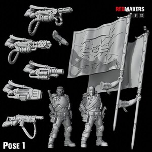 May include: A set of 3D printed miniatures for a tabletop wargame. The miniatures are of soldiers holding weapons and a flag. The flag has a skull design and the text "REDMAKERS" on it. The miniatures are in a pose labelled "Pose 1".