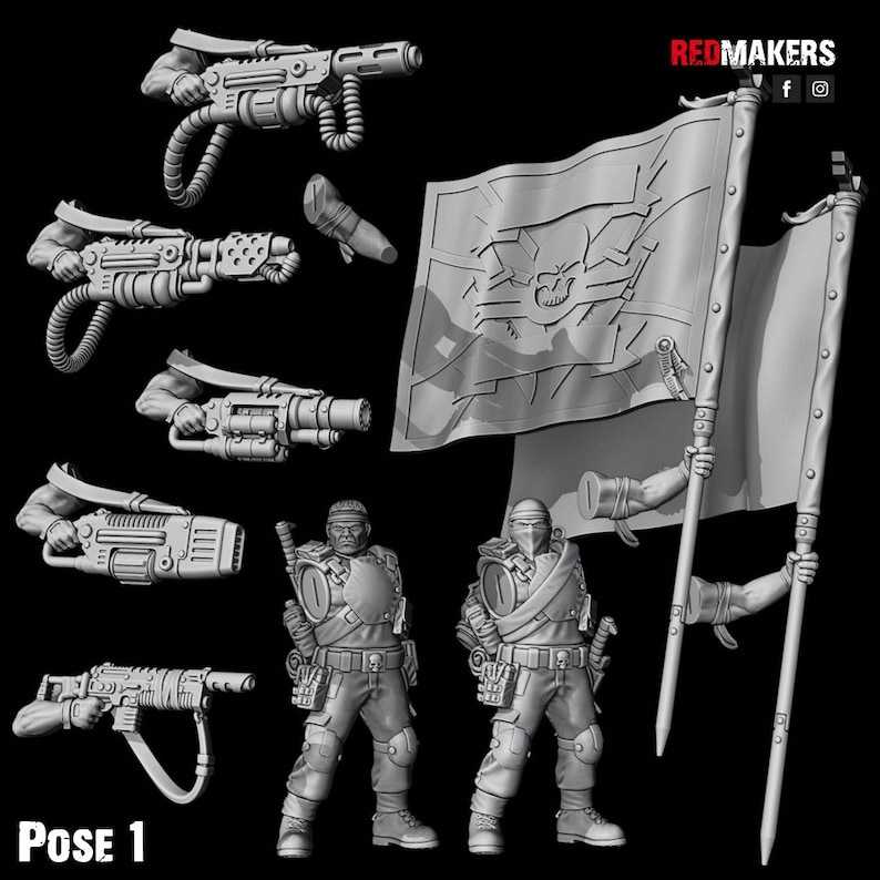 May include: A set of 3D printed miniatures for a tabletop wargame. The miniatures are of soldiers holding weapons and a flag. The flag has a skull design and the text "REDMAKERS" on it. The miniatures are in a pose labelled "Pose 1".