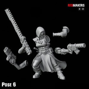 May include: A gray plastic miniature figure of a hooded person holding a weapon. The figure is posed in a dynamic action pose. The figure is part of a set of miniatures for a tabletop game.