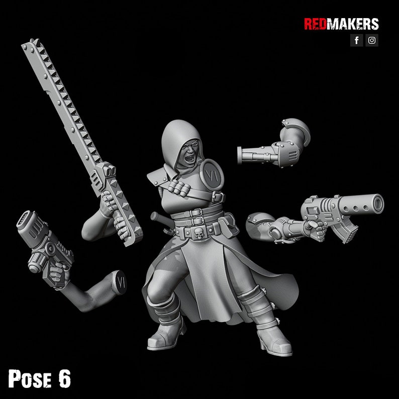 May include: A gray plastic miniature figure of a hooded person holding a weapon. The figure is posed in a dynamic action pose. The figure is part of a set of miniatures for a tabletop game.