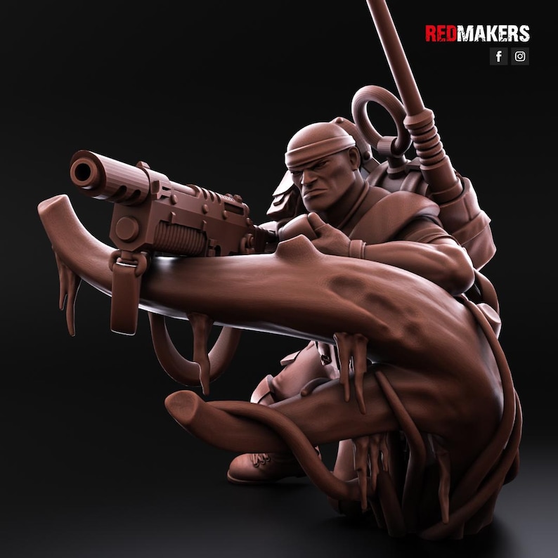 May include: A brown, detailed miniature figurine of a soldier holding a large gun and standing on a tree root. The soldier is wearing a brown helmet and a brown uniform. The figurine is made of plastic and is about 4 inches tall.