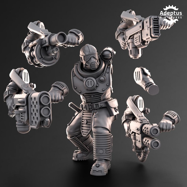 May include: A set of five 3D printed miniature figures, each wearing a futuristic, detailed, gray suit with a helmet and holding a weapon. The figures are posed in various action stances.