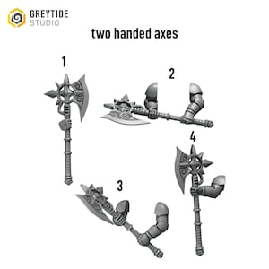 Peut inclure: Quatre haches à deux mains grises avec des motifs ornés sont présentées sur fond blanc. Les haches ont des éléments en forme d'étoile et des manches détaillés. Le texte "two handed axes" est au-dessus des haches. Le logo GreyTide Studio est en haut à gauche.