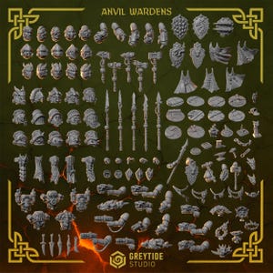 Puede incluir: Una colección de figuras y accesorios en miniatura, que incluyen cascos, armas, escudos y piezas de armadura. Las piezas son de varias formas y tamaños, con detalles intrincados. El texto "ANVIL WARDENS" está en la parte superior y el logotipo "GREYTIDE STUDIO" en la parte inferior.