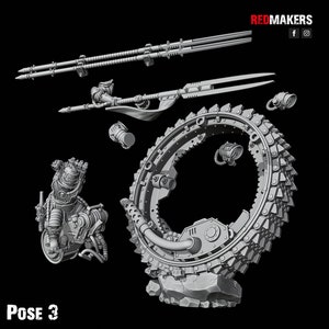 May include: A 3D printed model of a futuristic robot with a large wheel, a weapon, and other accessories. The model is in a gray color and is posed in a dynamic position. The model is labeled "Pose 3".