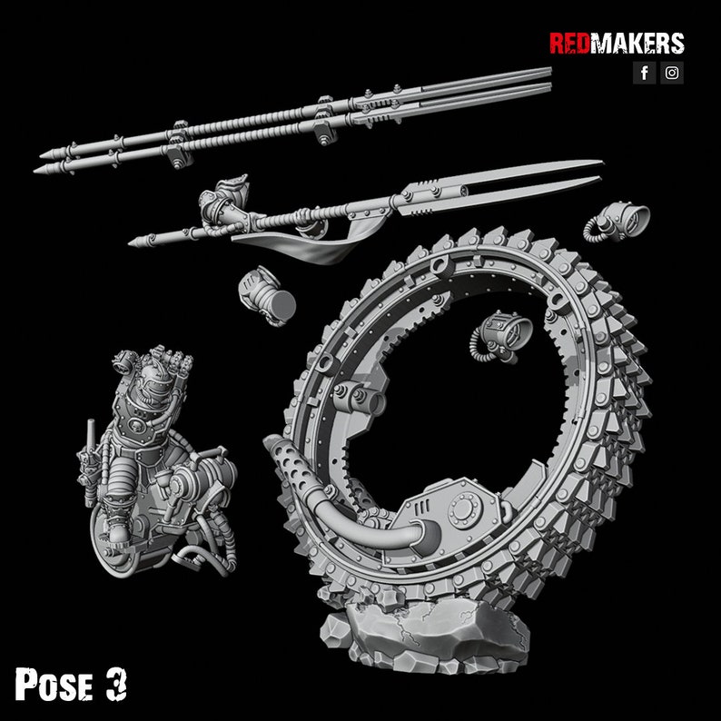 May include: A 3D printed model of a futuristic robot with a large wheel, a weapon, and other accessories. The model is in a gray color and is posed in a dynamic position. The model is labeled "Pose 3".