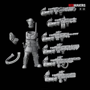 May include: A set of 3D printed miniature figures, including a soldier with a rifle and several additional rifles. The figures are gray and appear to be made of plastic.
