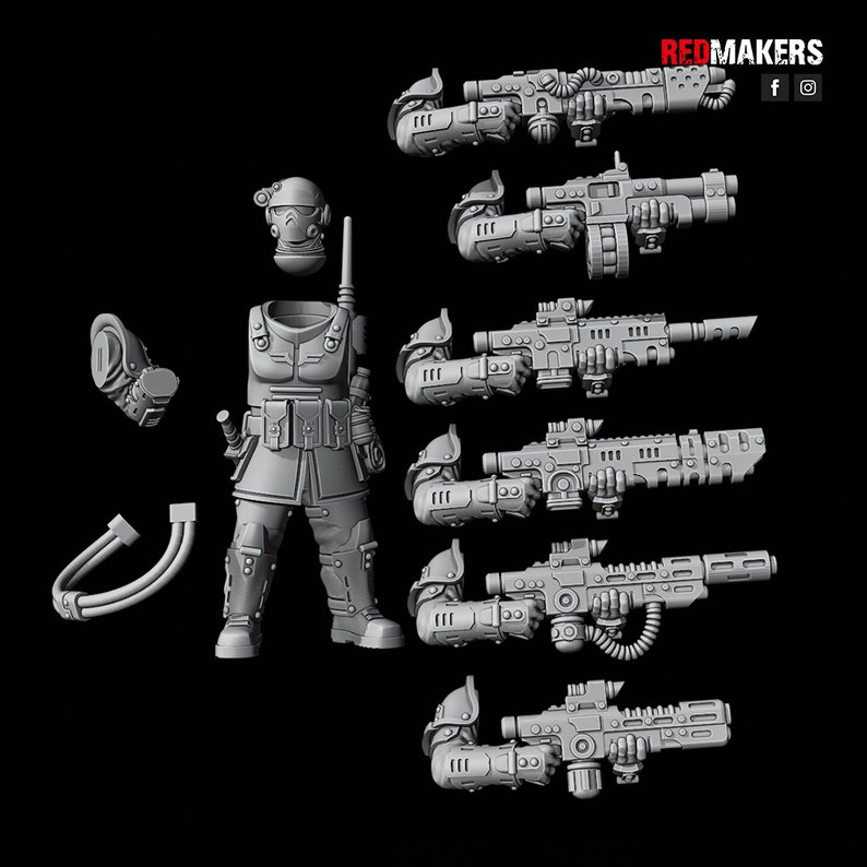 May include: A set of 3D printed miniature figures, including a soldier with a rifle and several additional rifles. The figures are gray and appear to be made of plastic.