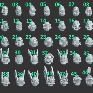 Puede incluir: Un conjunto de 45 cabezas de casco en miniatura de plástico para usar en juegos de guerra de mesa. Los cascos son de varios estilos, incluidos alados, con capucha y blindados.