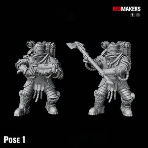 Puede incluir: Dos figuras en miniatura grises y detalladas de robots que llevan armadura y sostienen armas. El robot de la izquierda sostiene una pistola y el robot de la derecha sostiene un hacha. La imagen est&aacute; etiquetada como "Pose 1".