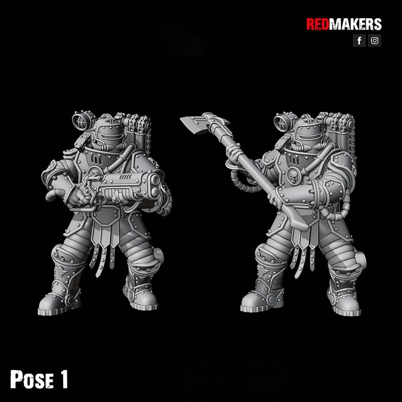 Puede incluir: Dos figuras en miniatura grises y detalladas de robots que llevan armadura y sostienen armas. El robot de la izquierda sostiene una pistola y el robot de la derecha sostiene un hacha. La imagen est&aacute; etiquetada como "Pose 1".
