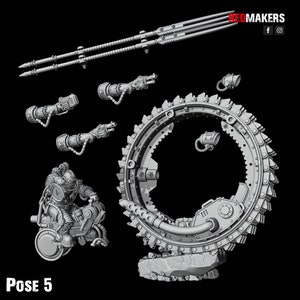 May include: A 3D printed model of a futuristic robot riding a motorcycle with a large circular saw attached to the back. The model is in a gray color and is posed in a dynamic position. The model is labeled "Pose 5".