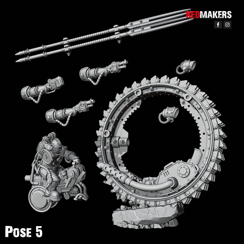 May include: A 3D printed model of a futuristic robot riding a motorcycle with a large circular saw attached to the back. The model is in a gray color and is posed in a dynamic position. The model is labeled "Pose 5".